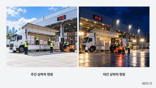 주간 상하차 현장과 야간 상하차 현장의 조명, 작업 인원, 작업 시간 차이