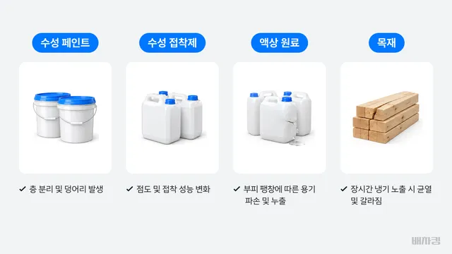 동결에 약한 화물 종류와 얼었을 때 생기는 문제 비교표