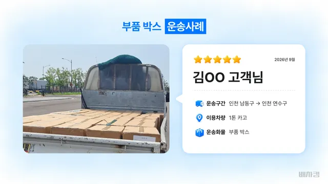 인천 남동공단에서 송도로 1톤 카고 부품 박스 운송 정보